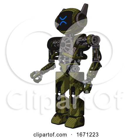 Robot Containing Digital Display Head and Wince Symbol Expression and Winglets and Heavy Upper Chest and No Chest Plating and Prototype Exoplate Legs. Grunge Army Green. Facing Right View. by Leo Blanchette