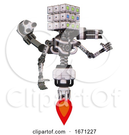 Robot Containing Dual Retro Camera Head and Cube Array Head and Light Chest Exoshielding and Minigun Back Assembly and No Chest Plating and Jet Propulsion. White Halftone Toon. Interacting. by Leo Blanchette
