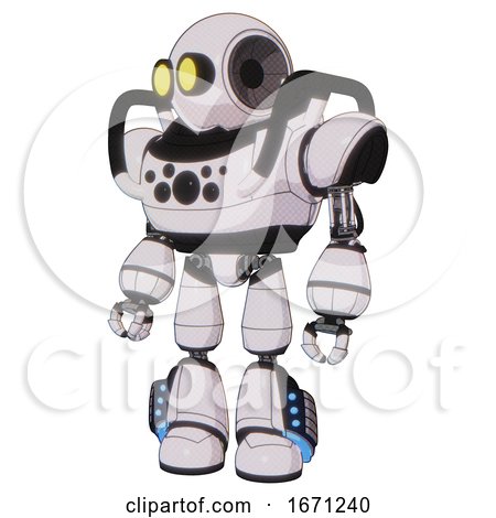 Droid Containing Round Head and Large Yellow Eyes and Heavy Upper Chest and Chest Compound Eyes and Light Leg Exoshielding and Megneto-hovers Foot Mod. White Halftone Toon. by Leo Blanchette
