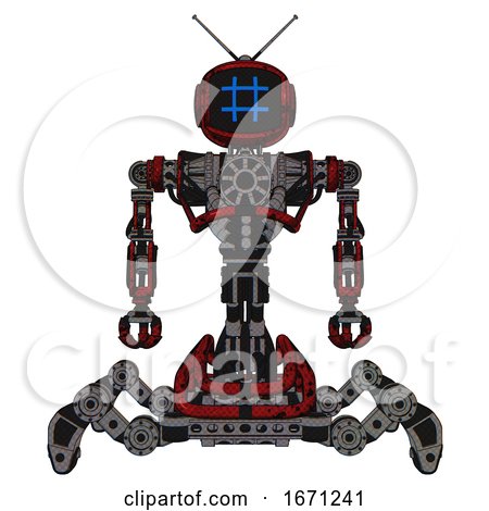 Cyborg Containing Digital Display Head and Hashtag Face and Retro Antennas and Heavy Upper Chest and No Chest Plating and Insect Walker Legs. Grunge Dots Dark Red. Front View. by Leo Blanchette