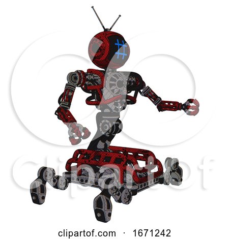 Cyborg Containing Digital Display Head and Hashtag Face and Retro Antennas and Heavy Upper Chest and No Chest Plating and Insect Walker Legs. Grunge Dots Dark Red. Interacting. by Leo Blanchette
