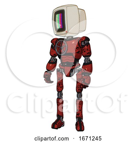 Automaton Containing Old Computer Monitor and Please Stand by Pixel Design and Light Chest Exoshielding and Chest Valve Crank and Ultralight Foot Exosuit. Grunge Dots Cherry Tomato Red. by Leo Blanchette