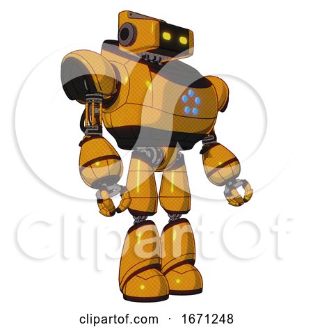 Bot Containing Dual Retro Camera Head and Retro Tech Device Head and Heavy Upper Chest and Circle of Blue Leds and Light Leg Exoshielding. Primary Yellow Halftone. Facing Left View. by Leo Blanchette