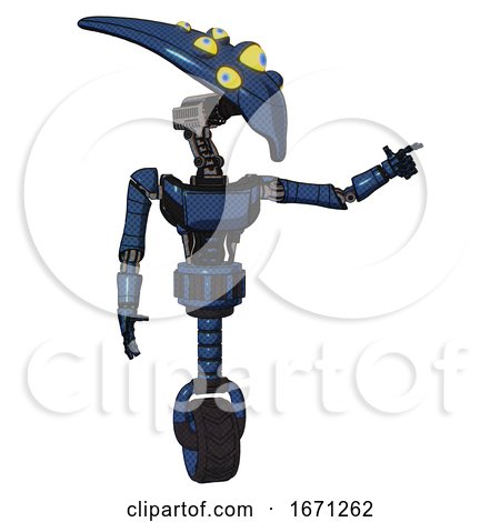 Robot Containing Flat Elongated Skull Head and Yellow Eyeball Array and Light Chest Exoshielding and Ultralight Chest Exosuit and Unicycle Wheel. Dark Blue Halftone. by Leo Blanchette