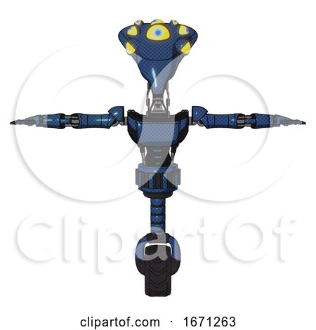 Robot Containing Flat Elongated Skull Head and Yellow Eyeball Array and Light Chest Exoshielding and Ultralight Chest Exosuit and Unicycle Wheel. Dark Blue Halftone. T-pose. by Leo Blanchette
