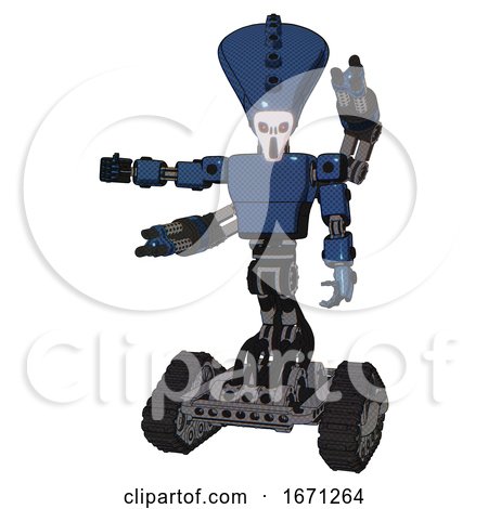 Cyborg Containing Flat Elongated Skull Head and Light Chest Exoshielding and Prototype Exoplate Chest and Minigun Back Assembly and Tank Tracks. Dark Blue Halftone. Arm out Holding Invisible Object.. by Leo Blanchette