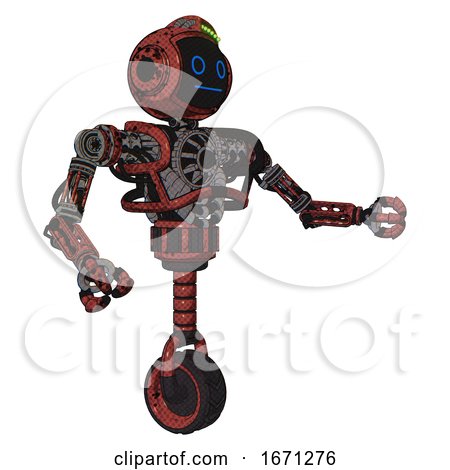 Cyborg Containing Digital Display Head and Blank-faced Expression and Green Led Array and Heavy Upper Chest and No Chest Plating and Unicycle Wheel. Grunge Matted Orange. Interacting. by Leo Blanchette