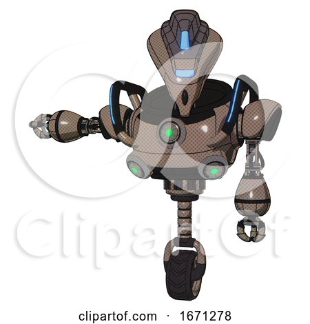 Droid Containing Flat Elongated Skull Head and Visor and Heavy Upper Chest and Chest Green Energy Cores and Blue Strip Lights and Unicycle Wheel. Khaki Halftone. Arm out Holding Invisible Object.. by Leo Blanchette