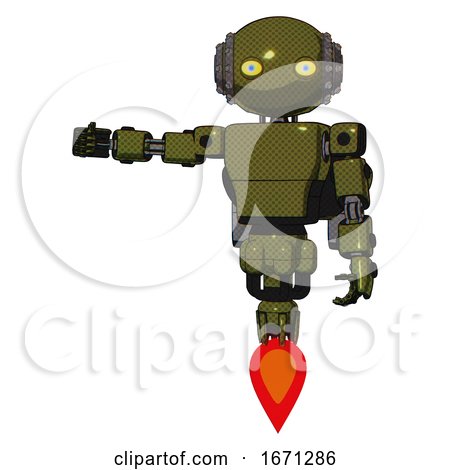 Robot Containing Oval Wide Head and Yellow Eyes and Steampunk Iron Bands with Bolts and Light Chest Exoshielding and Prototype Exoplate Chest and Rocket Pack and Jet Propulsion. Army Green Halftone. by Leo Blanchette