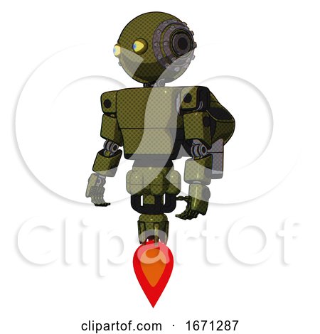 Robot Containing Oval Wide Head and Yellow Eyes and Steampunk Iron Bands with Bolts and Light Chest Exoshielding and Prototype Exoplate Chest and Rocket Pack and Jet Propulsion. Army Green Halftone. by Leo Blanchette