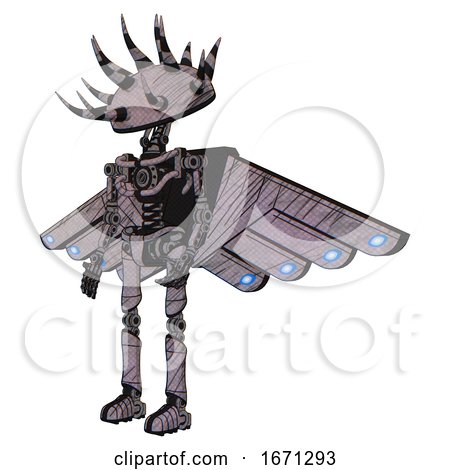 Mech Containing Black and White Anemone Dome Head and Light Chest Exoshielding and Cherub Wings Design and No Chest Plating and Ultralight Foot Exosuit. Dark Sketch Lines. Facing Right View. by Leo Blanchette