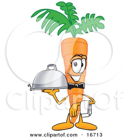 Clipart Picture of an Orange Carrot Mascot Cartoon Character Serving a Dinner Platter While Waiting Tables in a Restaurant by Mascot Junction