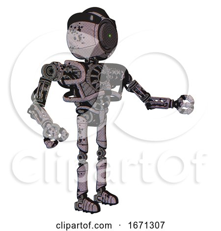 Bot Containing Green Dot Eye Corn Row Plastic Hair and Heavy Upper Chest and No Chest Plating and Ultralight Foot Exosuit. Dark Ink Dots Sketch. Interacting. by Leo Blanchette
