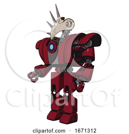 Bot Containing Bird Skull Head and White Eyeballs and Heavy Upper Chest and Heavy Mech Chest and Blue Energy Fission Element Chest and Prototype Exoplate Legs. Fire Engine Red Halftone. by Leo Blanchette