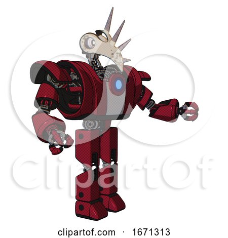 Bot Containing Bird Skull Head and White Eyeballs and Heavy Upper Chest and Heavy Mech Chest and Blue Energy Fission Element Chest and Prototype Exoplate Legs. Fire Engine Red Halftone. Interacting. by Leo Blanchette