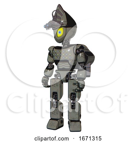 Robot Containing Grey Alien Style Head and Yellow Eyes with Blue Pupils and Alien Bug Creature Hat and Light Chest Exoshielding and Chest Green Blue Lights Array and Rocket Pack . by Leo Blanchette