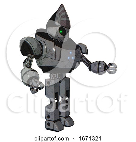 Bot Containing Grey Alien Style Head and Green Inset Eyes and Heavy Upper Chest and Triangle of Blue Leds and Prototype Exoplate Legs. Patent Concrete Gray Metal. Interacting. by Leo Blanchette