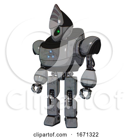 Bot Containing Grey Alien Style Head and Green Inset Eyes and Heavy Upper Chest and Triangle of Blue Leds and Prototype Exoplate Legs. Patent Concrete Gray Metal. Standing Looking Right Restful Pose. by Leo Blanchette