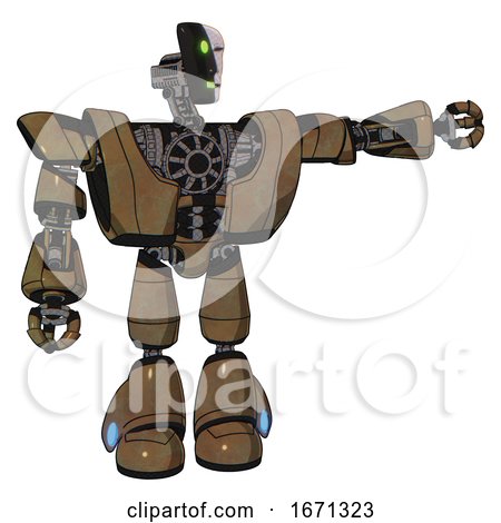 Robot Containing Humanoid Face Mask and Two-face Black White Mask and Heavy Upper Chest and Heavy Mech Chest and Light Leg Exoshielding. Old Copper. Pointing Left or Pushing a Button.. by Leo Blanchette