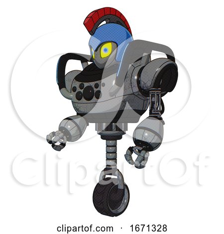Bot Containing Grey Alien Style Head and Yellow Eyes with Blue Pupils and Galea Roman Soldier Ornament and Blue Helmet and Heavy Upper Chest and Chest Compound Eyes and Blue Strip Lights . by Leo Blanchette
