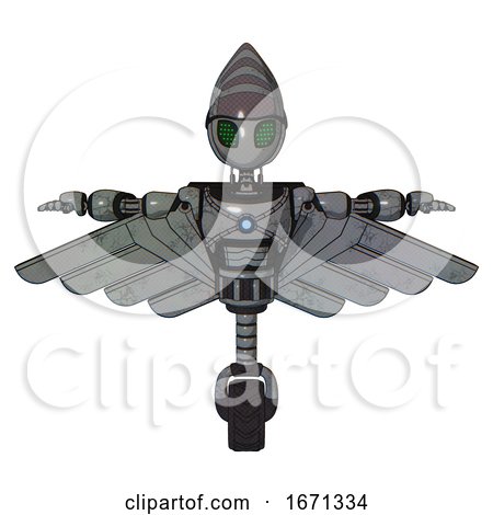 Bot Containing Grey Alien Style Head and Led Array Eyes and Light Chest Exoshielding and Blue Energy Core and Pilot's Wings Assembly and Unicycle Wheel. Patent Concrete Gray Metal. T-pose. by Leo Blanchette