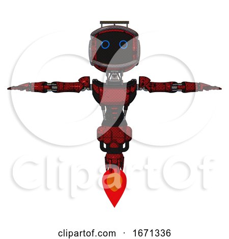 Android Containing Digital Display Head and Circle Eyes and Led and Protection Bars and Light Chest Exoshielding and Ultralight Chest Exosuit and Jet Propulsion. Grunge Dots Dark Red. T-pose. by Leo Blanchette