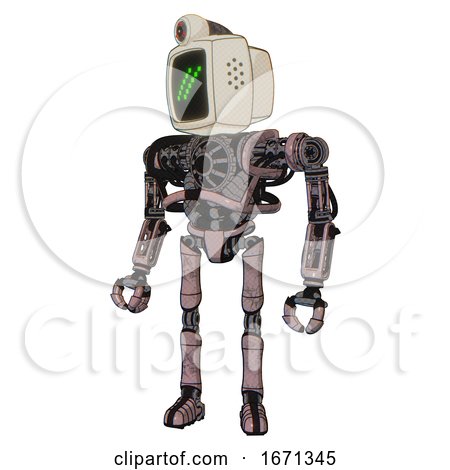 Cyborg Containing Old Computer Monitor and Double Backslash Pixel Design and Retro-futuristic Webcam and Heavy Upper Chest and No Chest Plating and Ultralight Foot Exosuit. Powder Pink Metal. by Leo Blanchette