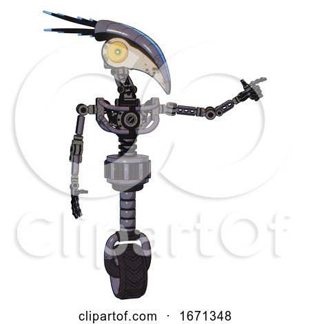 Automaton Containing Bird Skull Head and Brass Steampunk Eyes and Head Shield Design and Light Chest Exoshielding and No Chest Plating and Unicycle Wheel. Light Lavender Metal. by Leo Blanchette