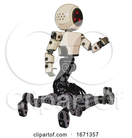 Cyborg Containing Three Led Eyes Round Head and Light Chest Exoshielding and Prototype Exoplate Chest and Insect Walker Legs. off White Toon. Interacting. by Leo Blanchette