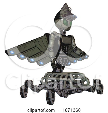 Droid Containing Grey Alien Style Head and Led Array Eyes and Alien Bug Creature Hat and Light Chest Exoshielding and Ultralight Chest Exosuit and Cherub Wings Design and Insect Walker Legs. by Leo Blanchette