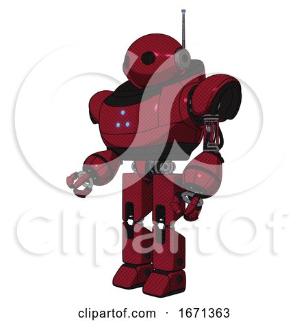 Cyborg Containing Oval Wide Head and Retro Antenna with Light and Heavy Upper Chest and Triangle of Blue Leds and Prototype Exoplate Legs. Fire Engine Red Halftone. Facing Right View. by Leo Blanchette