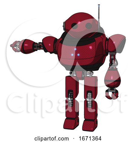 Cyborg Containing Oval Wide Head and Retro Antenna with Light and Heavy Upper Chest and Triangle of Blue Leds and Prototype Exoplate Legs. Fire Engine Red Halftone. Arm out Holding Invisible Object.. by Leo Blanchette