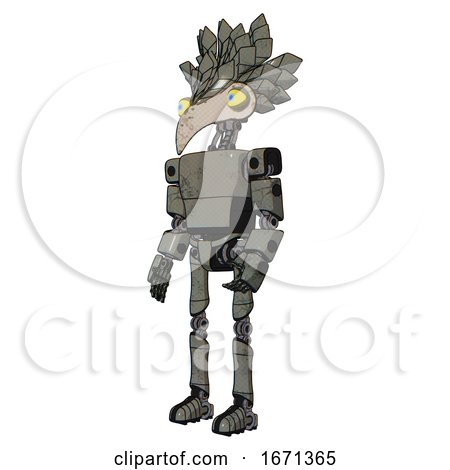 Mech Containing Bird Skull Head and Big Yellow Eyes and Bird Feather Design and Light Chest Exoshielding and Prototype Exoplate Chest and Ultralight Foot Exosuit. Concrete Grey Metal. by Leo Blanchette