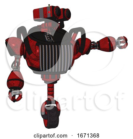 Robot Containing Dual Retro Camera Head and Heavy Upper Chest and Chest Vents and Unicycle Wheel. Red Blood Grunge Material. Pointing Left or Pushing a Button.. by Leo Blanchette