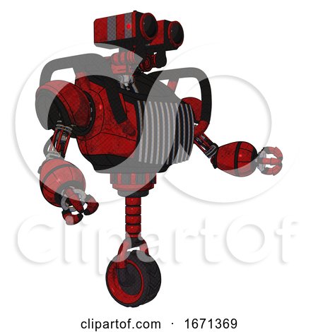 Robot Containing Dual Retro Camera Head and Heavy Upper Chest and Chest Vents and Unicycle Wheel. Red Blood Grunge Material. Interacting. by Leo Blanchette