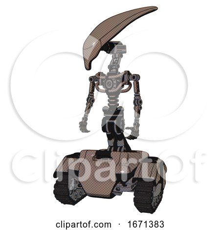 Automaton Containing Flat Elongated Skull Head and Light Chest Exoshielding and No Chest Plating and Tank Tracks. Khaki Halftone. Standing Looking Right Restful Pose. by Leo Blanchette