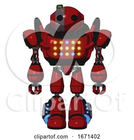 Automaton Containing Oval Wide Head and Green Led Ornament and Heavy Upper Chest and Colored Lights Array and Light Leg Exoshielding and Megneto-hovers Foot Mod. Dark Red. Front View. by Leo Blanchette