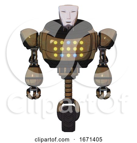 Robot Containing Humanoid Face Mask and Heavy Upper Chest and Colored Lights Array and Unicycle Wheel. Old Copper. Front View. by Leo Blanchette