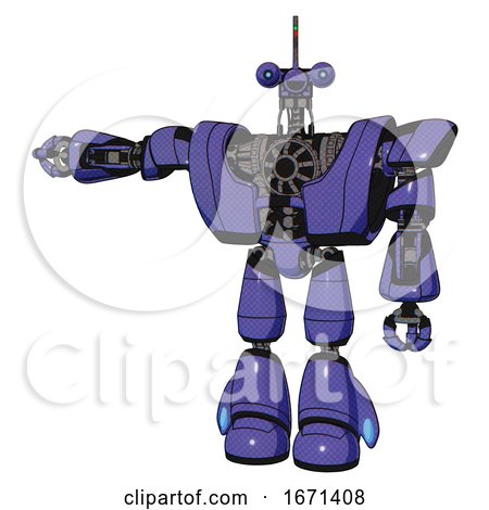 Bot Containing Dual Retro Camera Head and Reversed Fin Head and Heavy Upper Chest and Heavy Mech Chest and Light Leg Exoshielding. Primary Blue Halftone. Arm out Holding Invisible Object.. by Leo Blanchette