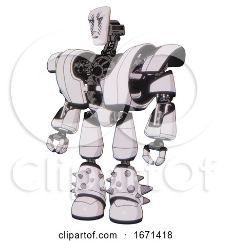 Android Containing Humanoid Face Mask and War Paint and Heavy Upper Chest and Heavy Mech Chest and Light Leg Exoshielding and Spike Foot Mod. White Halftone Toon. Standing Looking Right Restful Pose. by Leo Blanchette