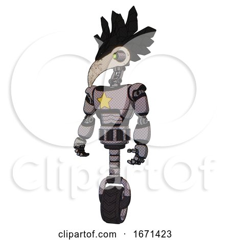 Droid Containing Bird Skull Head and Yellow and Green Scope Eyes and Crow Feather Design and Light Chest Exoshielding and Yellow Star and Unicycle Wheel. Halftone Gray. by Leo Blanchette