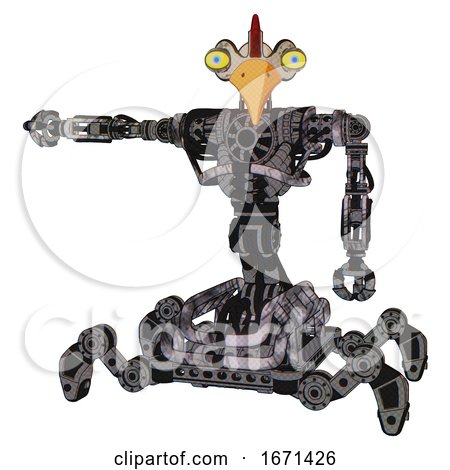 Robot Containing Bird Skull Head and Big Yellow Eyes and Chicken Design and Heavy Upper Chest and No Chest Plating and Insect Walker Legs. Scribble Sketch. Arm out Holding Invisible Object.. by Leo Blanchette