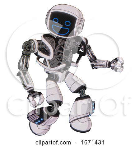 Android Containing Digital Display Head and Wide Smile and Heavy Upper Chest and No Chest Plating and Light Leg Exoshielding and Megneto-hovers Foot Mod. White Halftone Toon. Fight or Defense Pose.. by Leo Blanchette