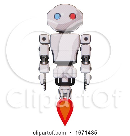 Automaton Containing Oval Wide Head and Giant Blue and Red Led Eyes and Light Chest Exoshielding and Prototype Exoplate Chest and Jet Propulsion. White Halftone Toon. Front View. by Leo Blanchette