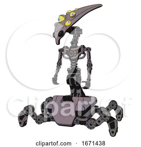 Cyborg Containing Flat Elongated Skull Head and Yellow Eyeball Array and Light Chest Exoshielding and No Chest Plating and Insect Walker Legs. Halftone Gray. Standing Looking Right Restful Pose. by Leo Blanchette