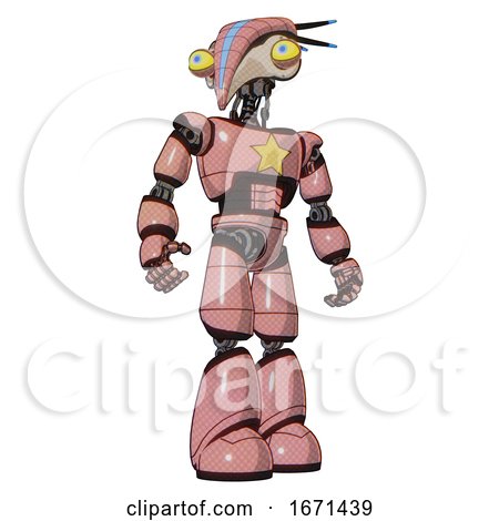 Droid Containing Bird Skull Head and Big Yellow Eyes and Head Shield Design and Light Chest Exoshielding and Yellow Star and Light Leg Exoshielding. Toon Pink Tint. Hero Pose. by Leo Blanchette