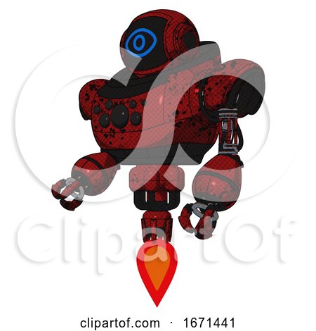 Robot Containing Digital Display Head and Large Eye and Heavy Upper Chest and Chest Compound Eyes and Jet Propulsion. Grunge Dots Dark Red. Facing Right View. by Leo Blanchette