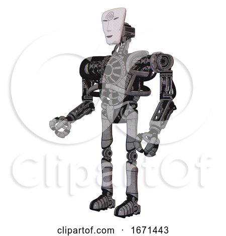 Mech Containing Humanoid Face Mask and Spiral Design and Heavy Upper Chest and No Chest Plating and Ultralight Foot Exosuit. Unpainted Metal. Facing Right View. by Leo Blanchette