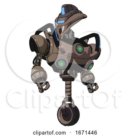 Droid Containing Flat Elongated Skull Head and Visor and Heavy Upper Chest and Chest Green Energy Cores and Blue Strip Lights and Unicycle Wheel. Khaki Halftone. Hero Pose. by Leo Blanchette