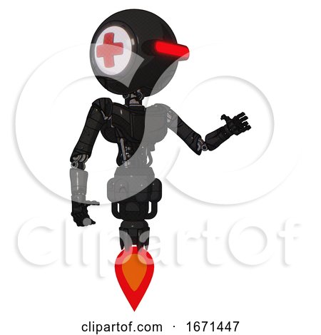 Bot Containing Round Head and Horizontal Red Visor and First Aid Emblem and Light Chest Exoshielding and Ultralight Chest Exosuit and Jet Propulsion. Toon Black Scribbles Sketch. Interacting. by Leo Blanchette